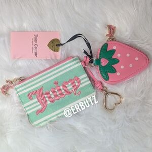 Juicy Couture Striped Card Holder with Strawberry Coin Purse + Heart Keychain 🍓